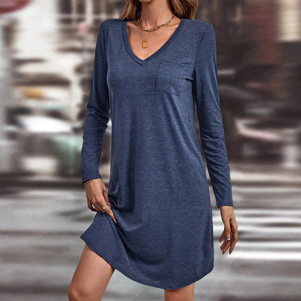 Damen lässiges Jersey-Kleid mit V-Ausschnitt Brusttasche und legerer A-Linie Shop Nory