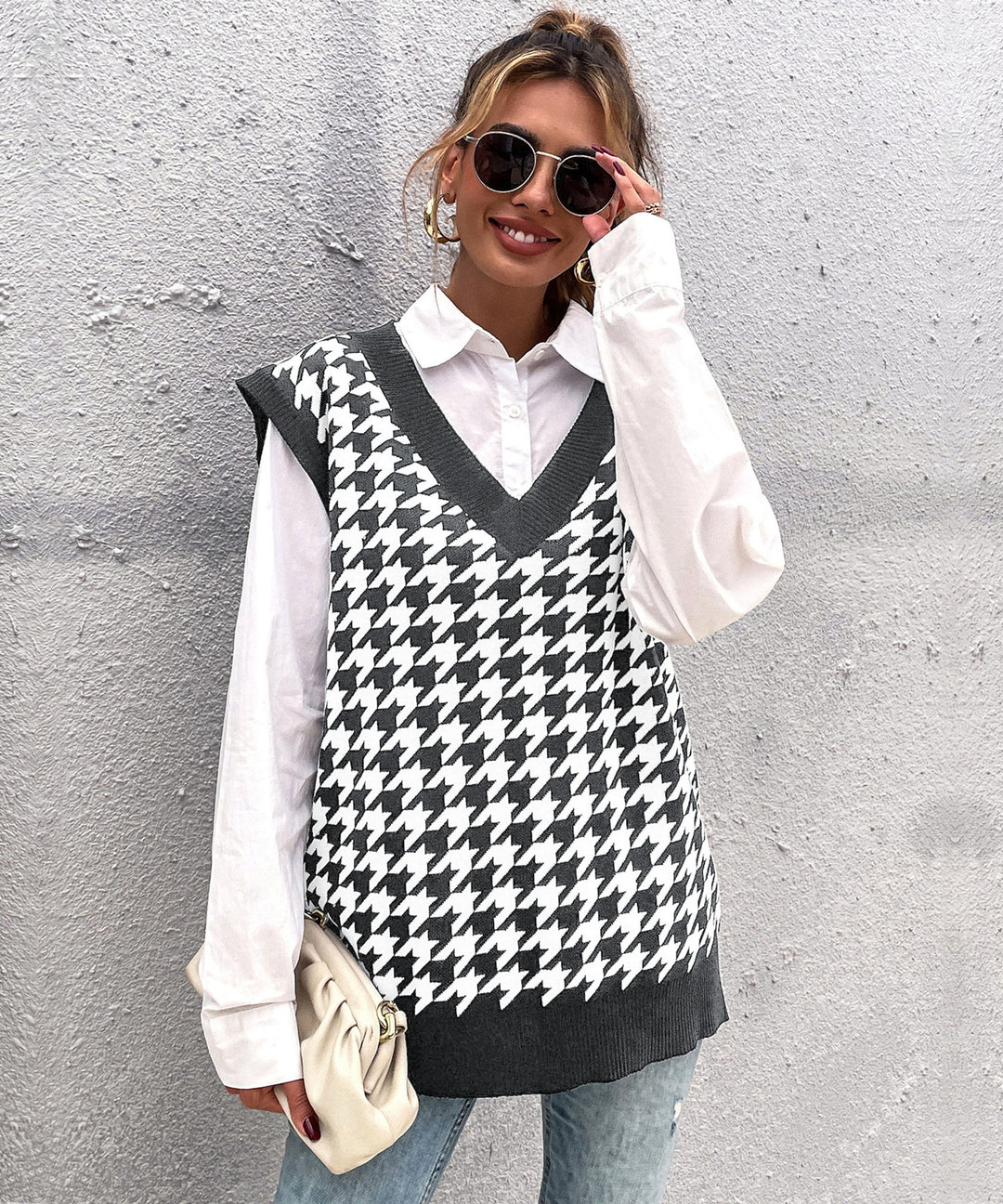 Damen Oversize Strickweste mit Hahnentrittmuster und V-Ausschnitt Shop Nory