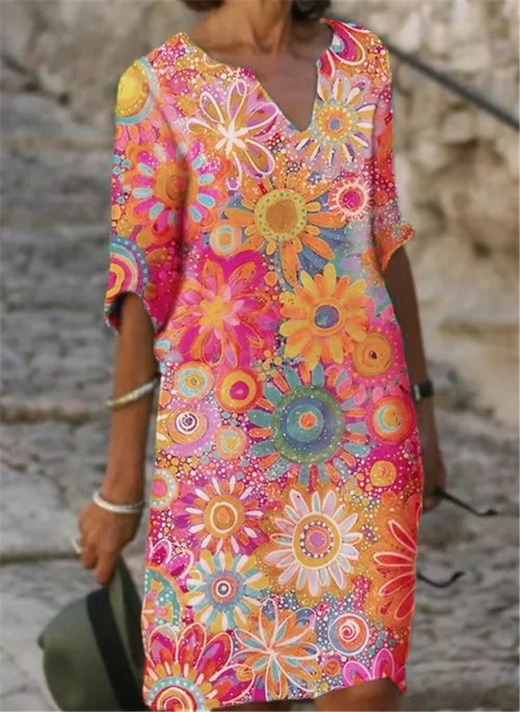 Damen lässiges Freizeitkleid mit floralen Mustern und V-Ausschnitt Shopnory