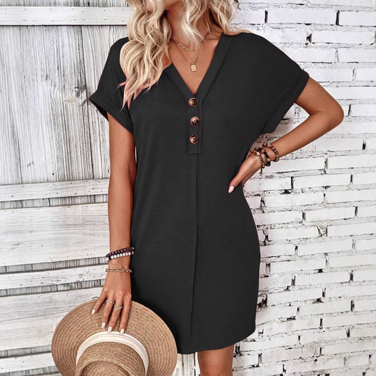 Damen Lockeres V-Ausschnitt Freizeitkleid mit Zierknopfleiste Shop Nory