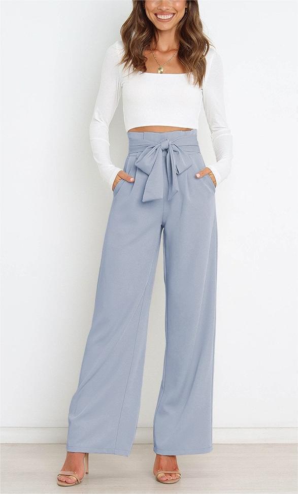 Damen Weit geschnittene High-Waist-Hose mit Binde-Gürtel und Taschen