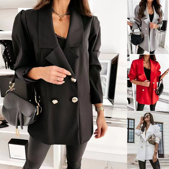 Damen Oversize-Blazer doppelreihig mit gerafften Ärmeln, Notch-Revers und goldfarbenen Zierknöpfen Shop Nory