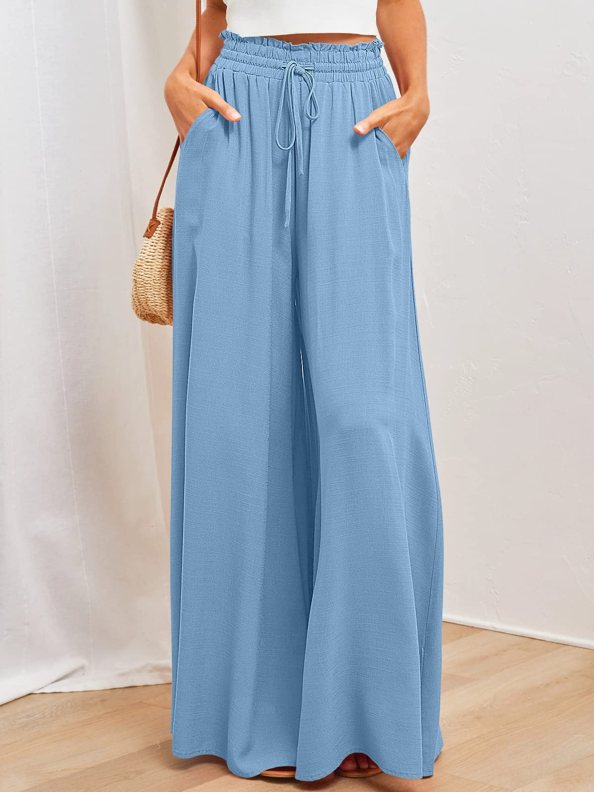 Elastischer Gürtel Weites Bein Hohe Taille Hose