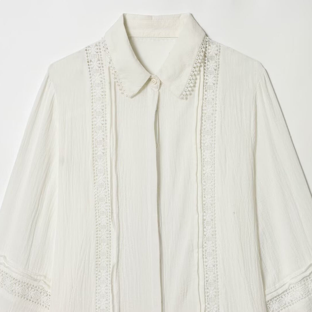 Damen Bluse mit zarter Spitzenapplikation, verdeckter Knopfleiste und Ballonärmeln Shop Nory