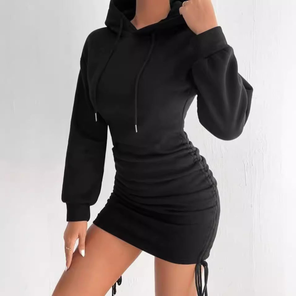 Damen Kapuzenkleid im Sweatshirt‑Stil mit gerafftem Minirock und Kordelzügen Shop Nory