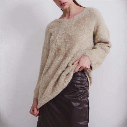 Damen Oversize-Flauschpullover mit V-Ausschnitt und Teddy-Optik Shop Nory