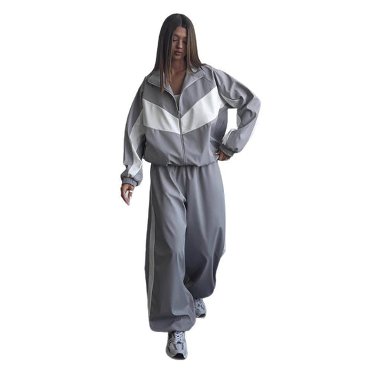 Damen sportives Zweiteiler-Set aus Oversize-Trackjacke mit Reißverschluss und weitem Bundfalten-Hose Shop Nory