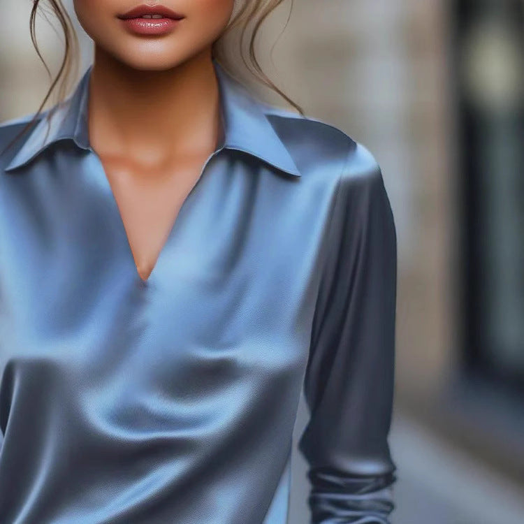 Damen Edles Satin-Oberteil mit V-Ausschnitt und klassischem Kragen