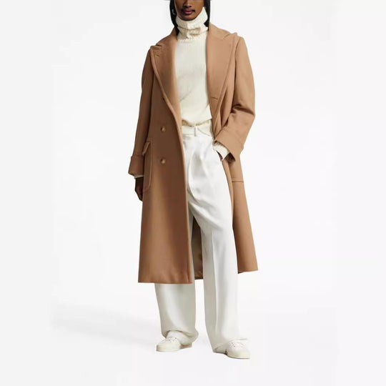 Damen langer doppeltreihiger Wollmantel mit weitem Schnitt und Reverskragen Shop Nory