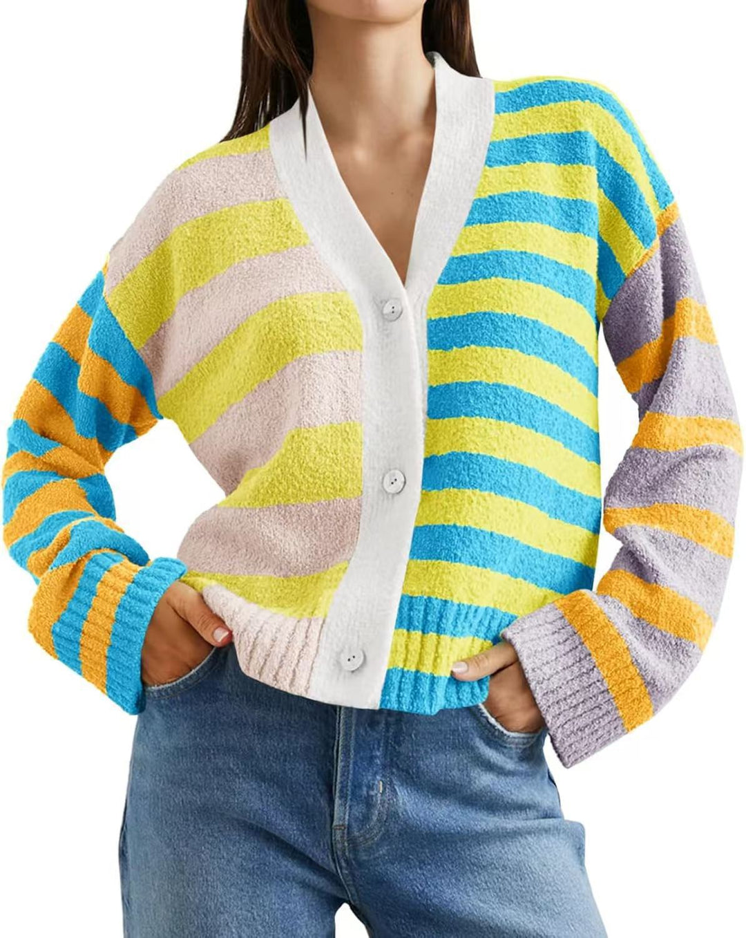Damen lockerer gestreifter Frottee-Cardigan mit V-Ausschnitt und Knopfleiste Shop Nory