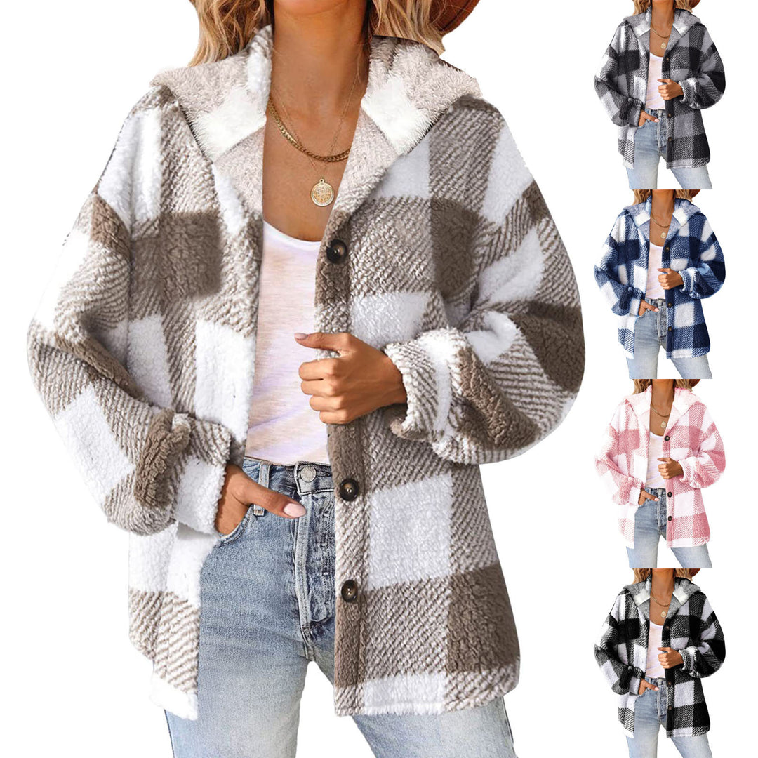 Damen nan kuschelige karierte Teddyjacke mit Kapuze, Knopfverschluss und oversized Schnitt Shop Nory