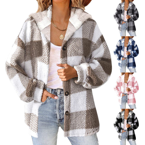 Damen nan kuschelige karierte Teddyjacke mit Kapuze, Knopfverschluss und oversized Schnitt Shop Nory