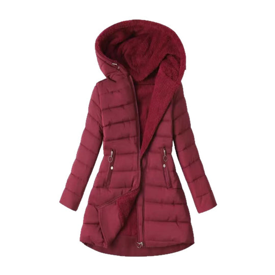 Damen Taillierter Steppmantel mit Oversize-Kapuze, kuscheligem Teddyfutter und Zierringen am Reißverschluss Shop Nory
