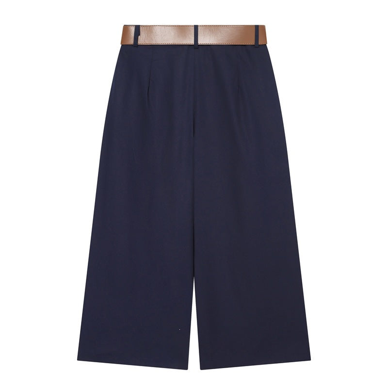 Damen Hochtaillierte Culotte-Hose mit weitem Bein, Kellerfalten und Rundbuckel-Gürtel Shop Nory