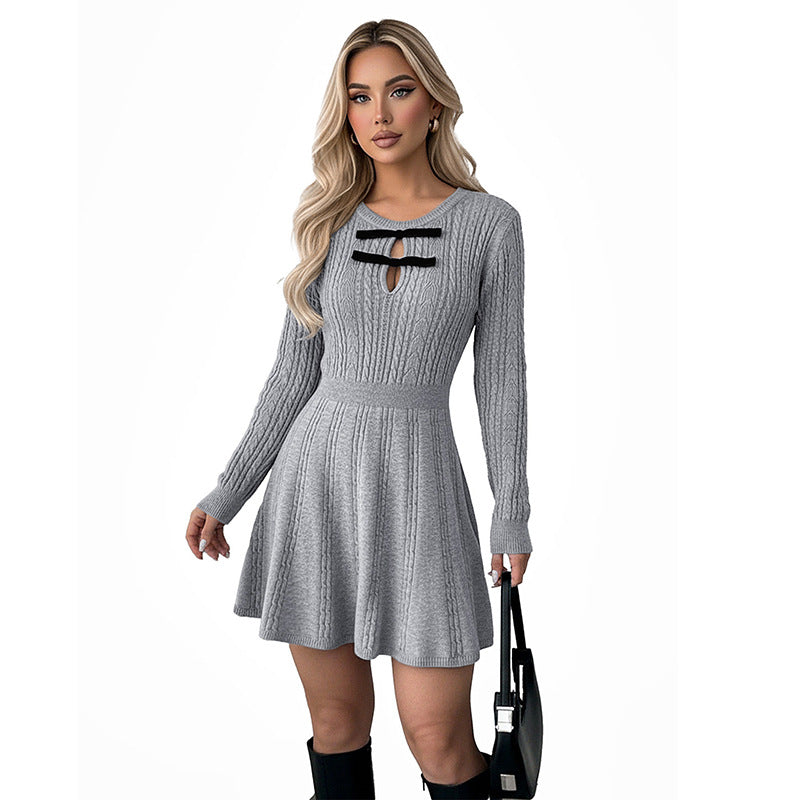 Damen Strick-Minikleid mit tailliertem A-Linien-Rock, Zieröffnung und Banddetails Shop Nory