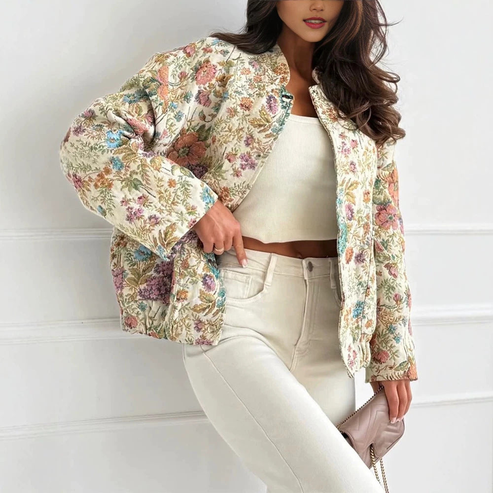 Damen Florale Jacquard-Steppjacke mit Stehkragen und elastischem Saum Shop Nory