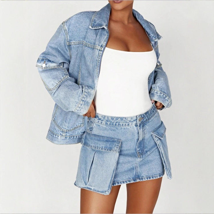 Damen Oversize Utility-Denimjacke mit großen Pattentaschen und Reißverschluss Shop Nory