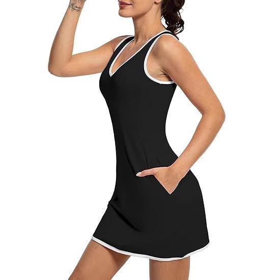 Damen Sportliches Tennis-Kleid mit breiten Trägern und V-Ausschnitt Shopnory