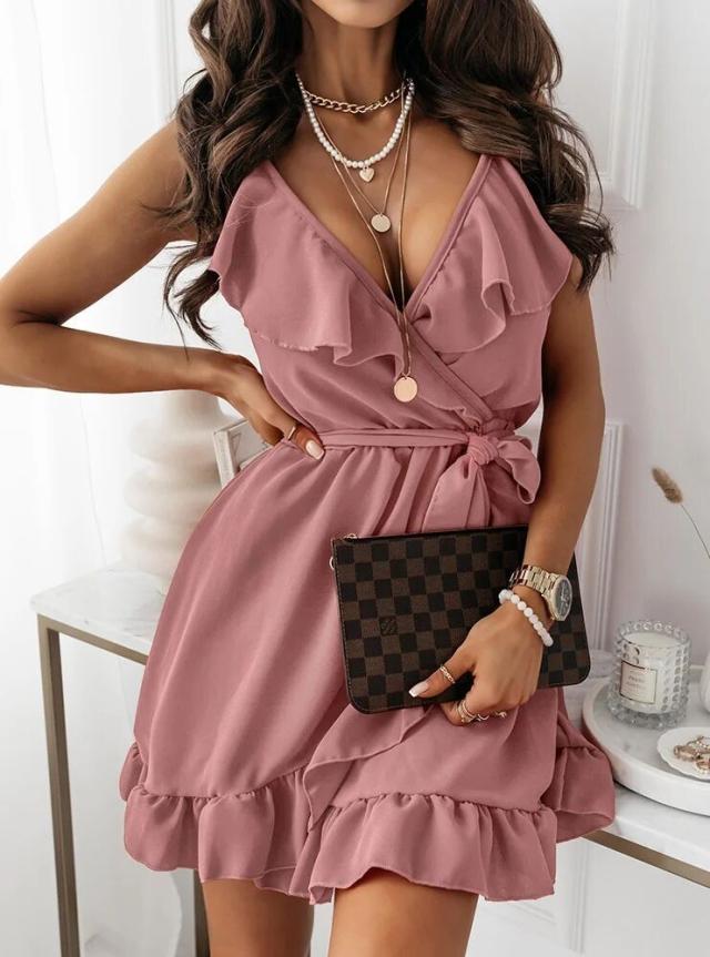 Damen Wickelkleid mit Rüschendetails und tiefem V-Ausschnitt