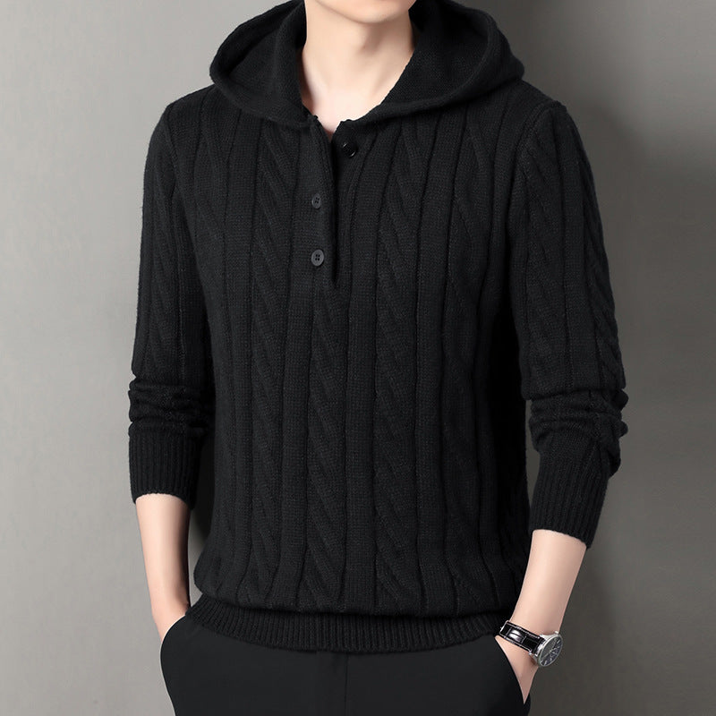 Herren Feinstrick-Kapuzenpullover mit Zopfmuster, Halbknopfblende und Kordelzug Shop Nory