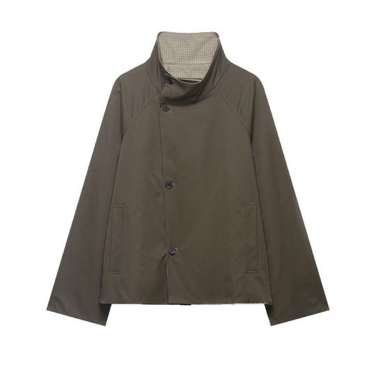 Damen kurzes Cape‑Mantel mit hohem Stehkragen, verdeckter Knopfleiste und Eingrifftaschen Shop Nory
