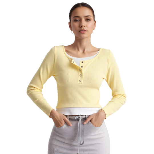 Damen Geripptes Cropped-Henley-Longsleeve mit Druckknopfleiste Shop Nory