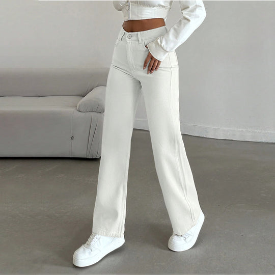 Damen Hochtaillierte weite Fünf-Taschen-Hose aus elastischem Denim mit ausgestelltem Bein Shop Nory