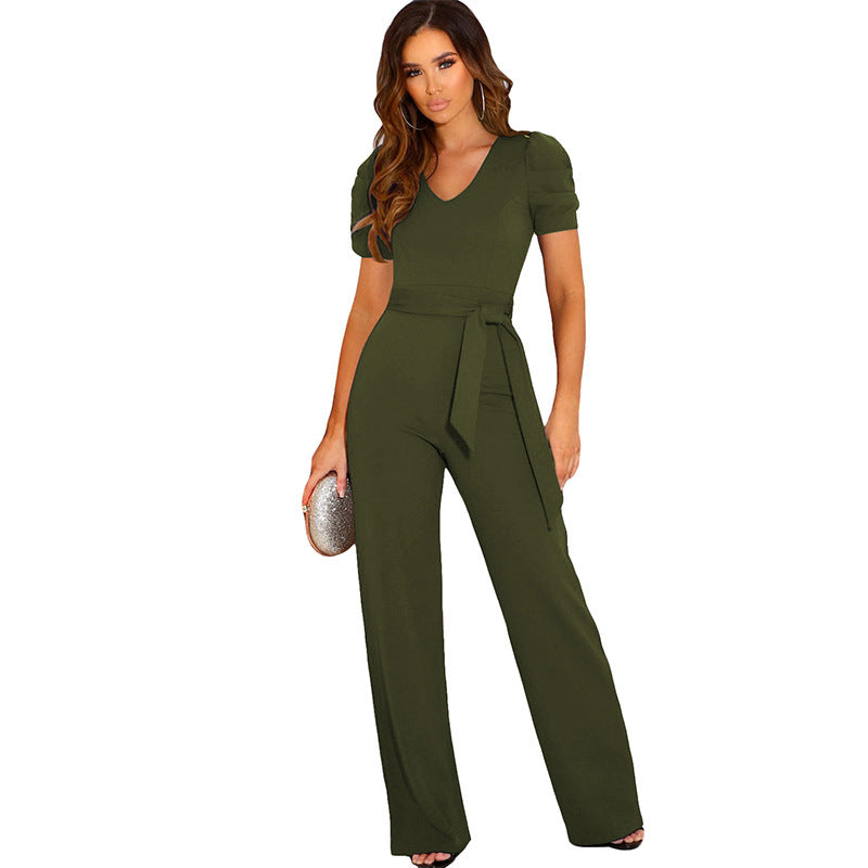 Damen Eleganter Jumpsuit mit Taillengürtel und Puffärmel
