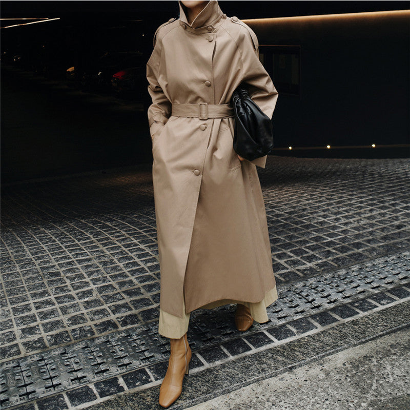 Damen Langgeschnittener Trenchcoat mit Taillengürtel und Stehkragen Shop Nory