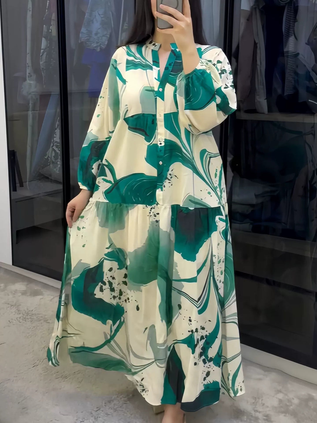 Damen Fließendes Stufenkleid mit Stehkragen, Ballonärmeln und Knopfleiste Shop Nory