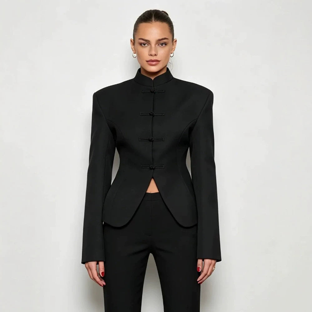 Damen Sculpted‑Blazer mit Stehkragen, dekorativen Knotenverschlüssen und taillierter Silhouette Shop Nory