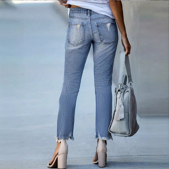 Damen Lässige Cropped-Jeans mit Zerrissenem Destroy-Design, hoher Taille und asymmetrischem Fransenabschluss Shop Nory