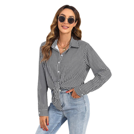 Damen nan geknotete Hahnentritt-Bluse mit Hemdkragen und durchgehender Knopfleiste Shop Nory