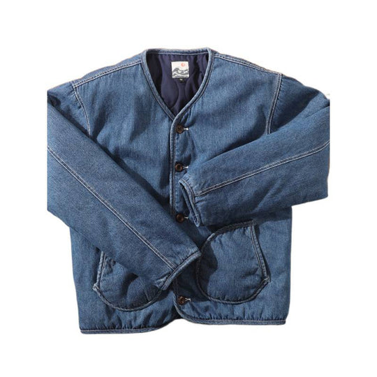 Herren Gefütterte Denim-Utility-Jacke ohne Kragen mit Knopfverschluss und runden Pattentaschen Shop Nory