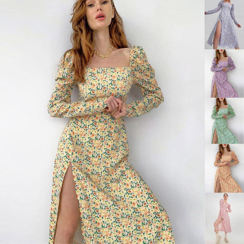 Damen Midikleid mit quadratischem Ausschnitt, tailliertem Bustier-Oberteil, Puffschulter und hohem Beinschlitz Shop Nory