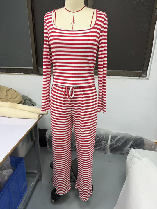 Damen Gestreifter Lounge-Zweiteiler mit weitem Bein und Cropped Langarmtop Shop Nory