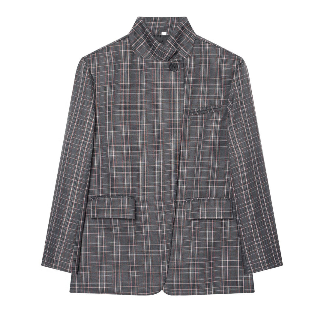 Damen Karierter Longblazer mit Stehkragen, verdeckter Knopfleiste und Pattentaschen Shop Nory