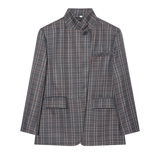 Damen Karierter Longblazer mit Stehkragen, verdeckter Knopfleiste und Pattentaschen Shop Nory