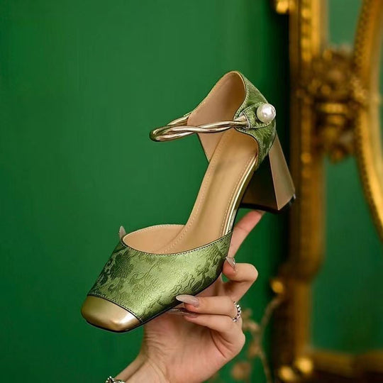 Damen nan elegante Slingback-Pumps mit quadratischer Zehenform, Jacquard-Obermaterial und gedrehtem Schmuckriemen