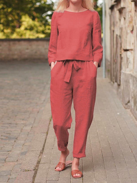 Damen Leinenanzug mit kurzem Oberteil und elastischem Bund