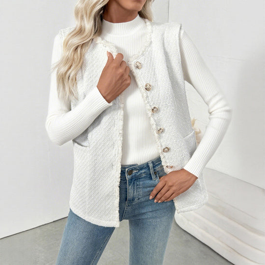 Damen Bouclé-Weste mit Zierknöpfen, Fransenbesatz und Eingrifftaschen Shop Nory