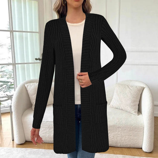 Damen Langer Feinstrick-Cardigan mit Rippenstruktur, offenen Kanten und Eingrifftaschen Shop Nory
