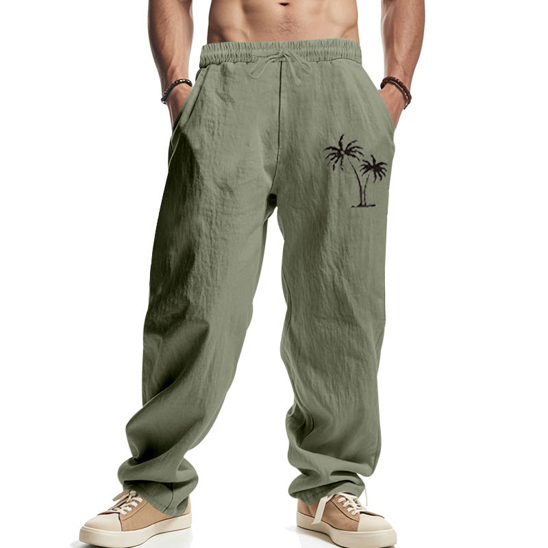 Herren Leichte Leinenoptik-Freizeithose mit elastischem Bund, Kordelzug & Palmen‑Stickerei Shop Nory