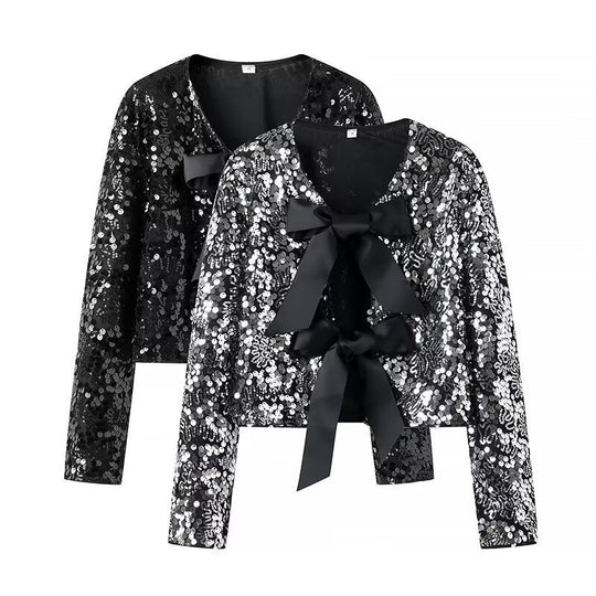 Damen Kurzjacke mit Paillettenbesatz und Zierschleifen-Front Shop Nory