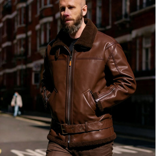 Herren Kunstleder-Fliegerjacke mit Teddyfutter, Reißverschlüssen und Stehkragen Shop Nory