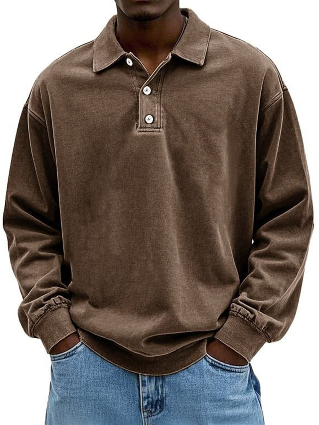 Herren Oversize Denim-Look Polo-Sweatshirt mit kurzer Knopfleiste und elastischen Bündchen EB