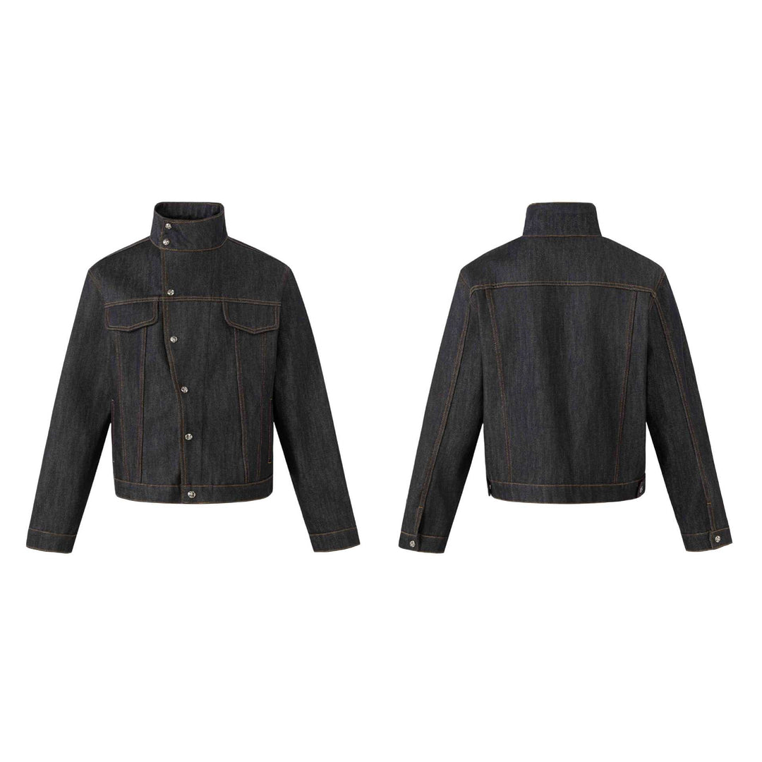Unisex Kurz geschnittene Denimjacke mit hohem Stehkragen und Ziernähten Shop Nory