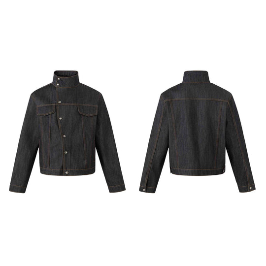 Unisex Kurz geschnittene Denimjacke mit hohem Stehkragen und Ziernähten Shop Nory