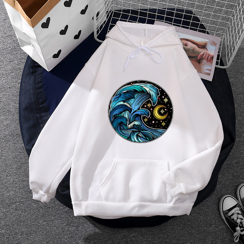 Damen nan lässiger Kapuzenpullover mit künstlerischem Mond‑und‑Pilzmotiv, weichem Fleecefutter und Kängurutasche Shop Nory