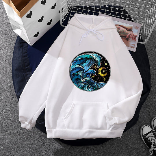 Damen nan lässiger Kapuzenpullover mit künstlerischem Mond‑und‑Pilzmotiv, weichem Fleecefutter und Kängurutasche Shop Nory